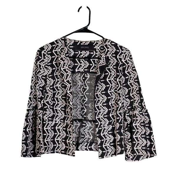 Zara Women's Jacket Black Ivory Geometric Boho Open Front Embroidered Size Small - Picture 1 of 8